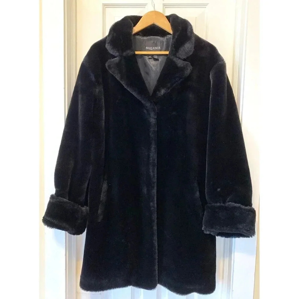 Sequence Women’s Black Faux Fur Velvet Overcoat  Sz 14 Mid Length Elegant Luxury